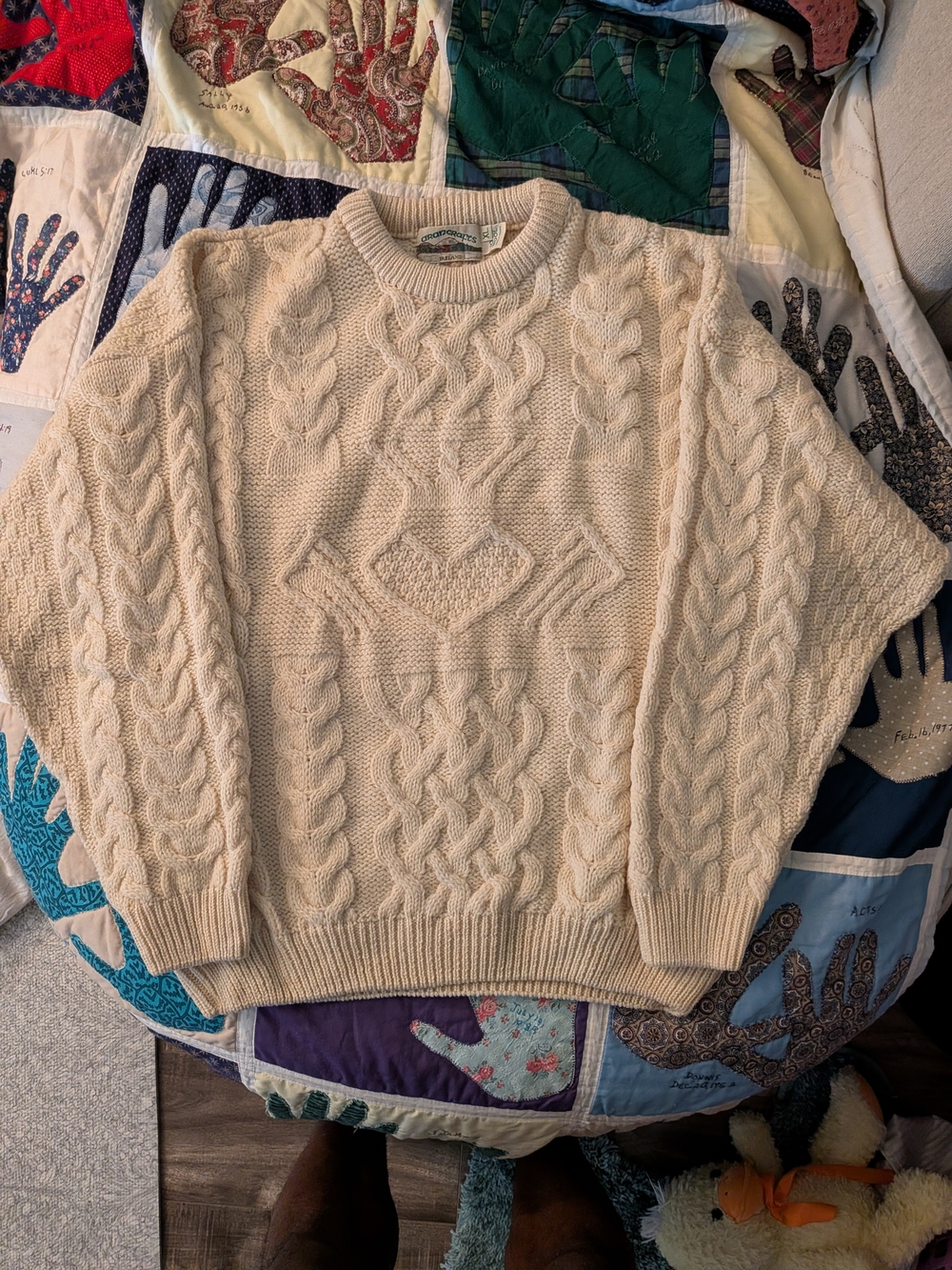Vintage Aran Crafts Cream Cable-Knit Crewneck Sweater